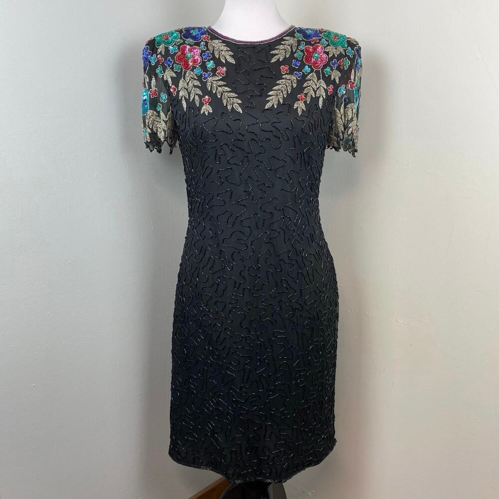 Vintage 80s Scala Black Fully Beaded Floral Silk Sheath Cocktail Dress Size 6